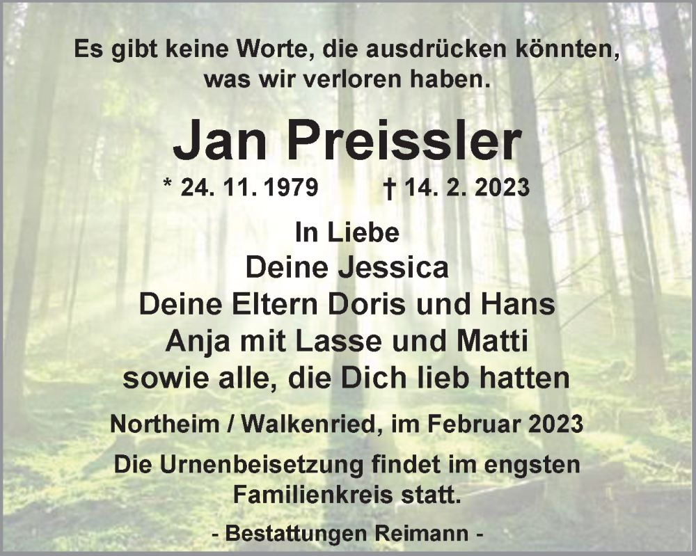  Traueranzeige für Jan Preissler vom 25.02.2023 aus Harz Kurier