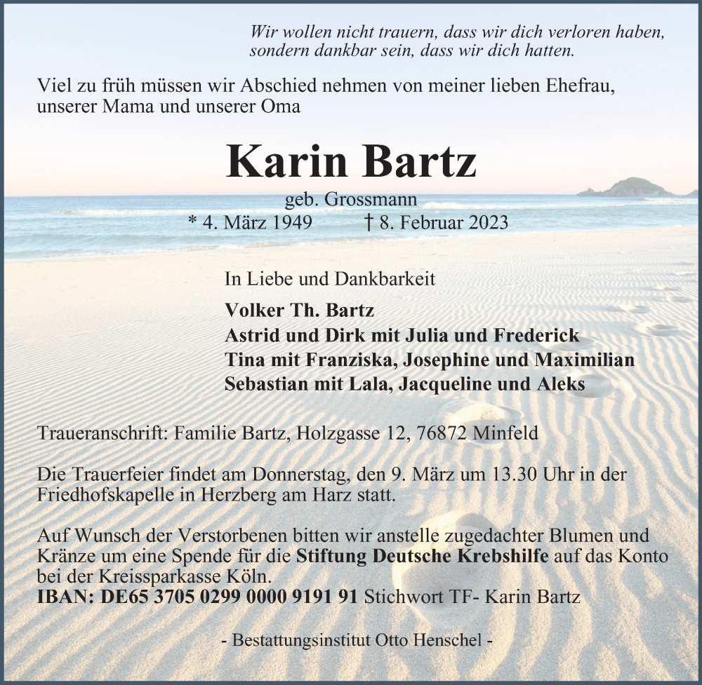  Traueranzeige für Karin Bartz vom 18.02.2023 aus Harz Kurier