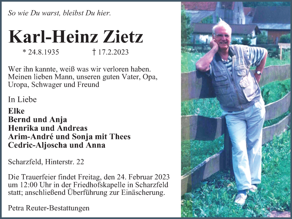  Traueranzeige für Karl-Heinz Zietz vom 21.02.2023 aus Harz Kurier