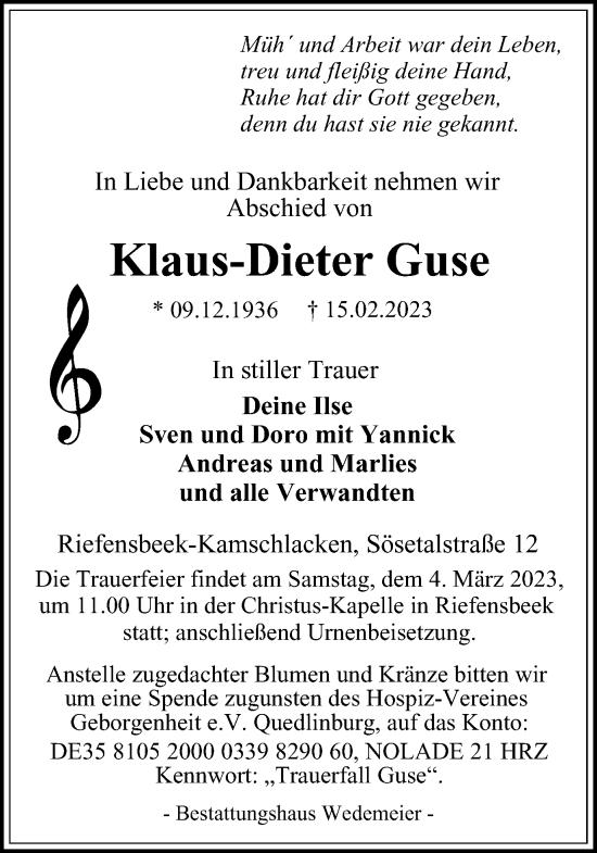Traueranzeige von Klaus-Dieter Guse von Harz Kurier