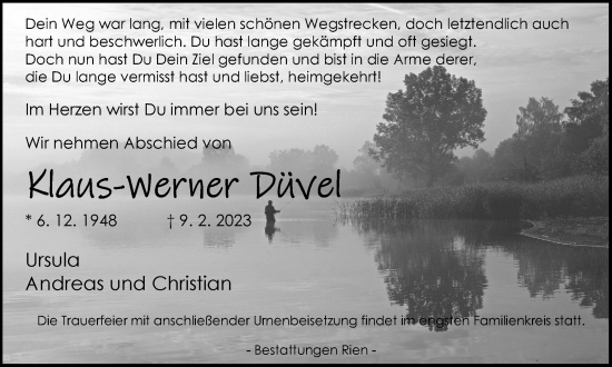 Traueranzeige von Klaus-Werner Düvel von Harz Kurier