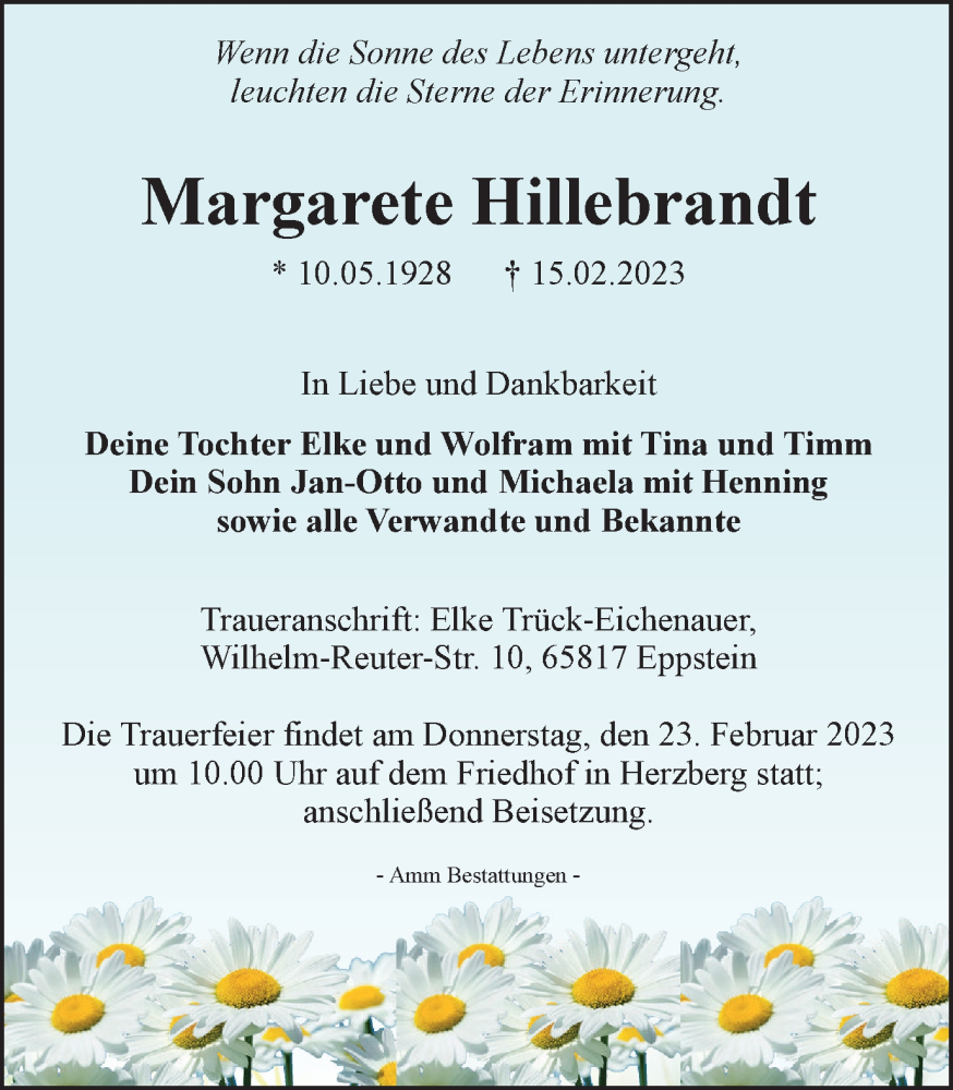  Traueranzeige für Margarete Hillebrandt vom 18.02.2023 aus Harz Kurier