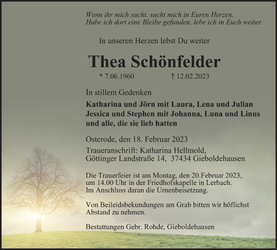 Traueranzeige von Thea Schönfelder von Harz Kurier