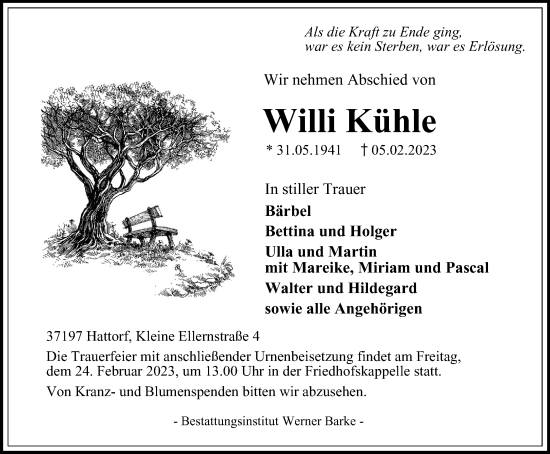 Traueranzeige von Willi Kühle von Harz Kurier