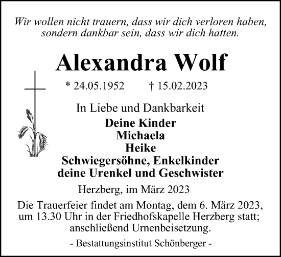Traueranzeige von Alexandra Wolf von Harz Kurier