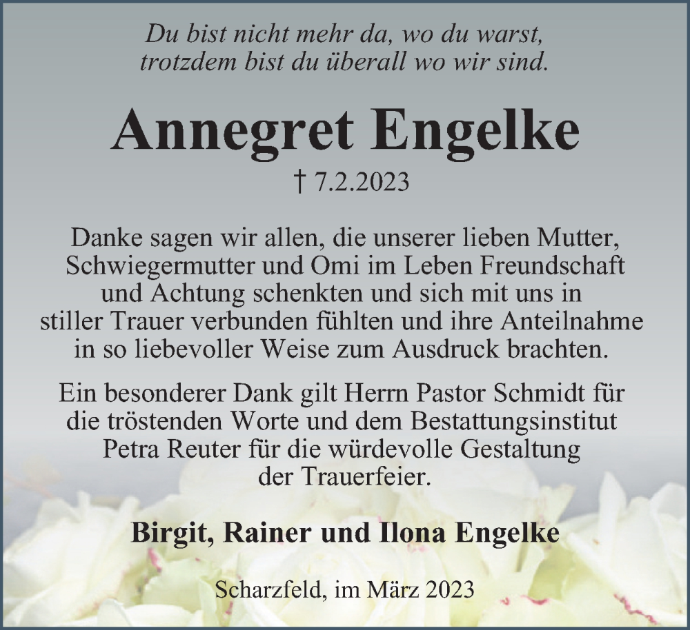  Traueranzeige für Annegret Engelke vom 11.03.2023 aus Harz Kurier