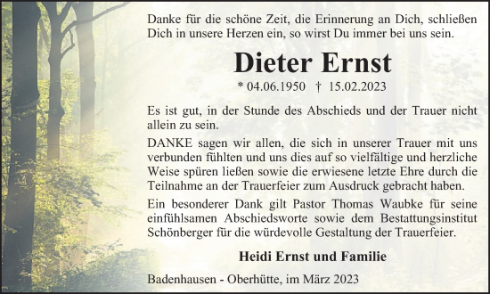 Traueranzeige von Dieter Ernst von Harz Kurier