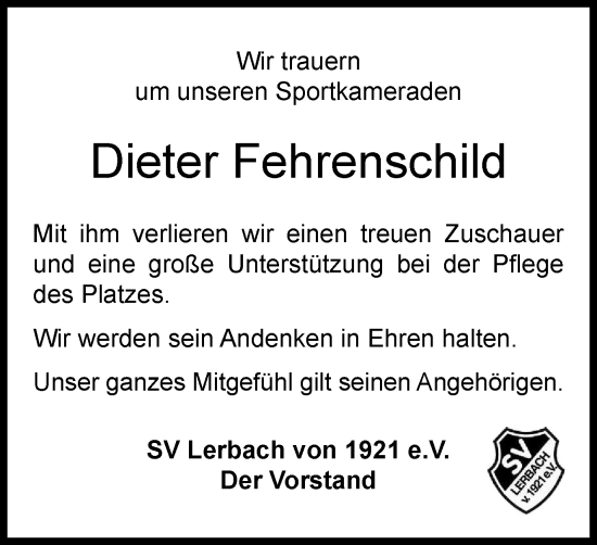 Traueranzeige von Dieter Fehrenschild von Harz Kurier