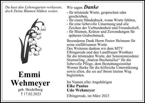 Traueranzeige von Emmi Wehmeyer von Harz Kurier