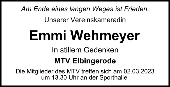 Traueranzeige von Emmi Wehmeyer von Harz Kurier
