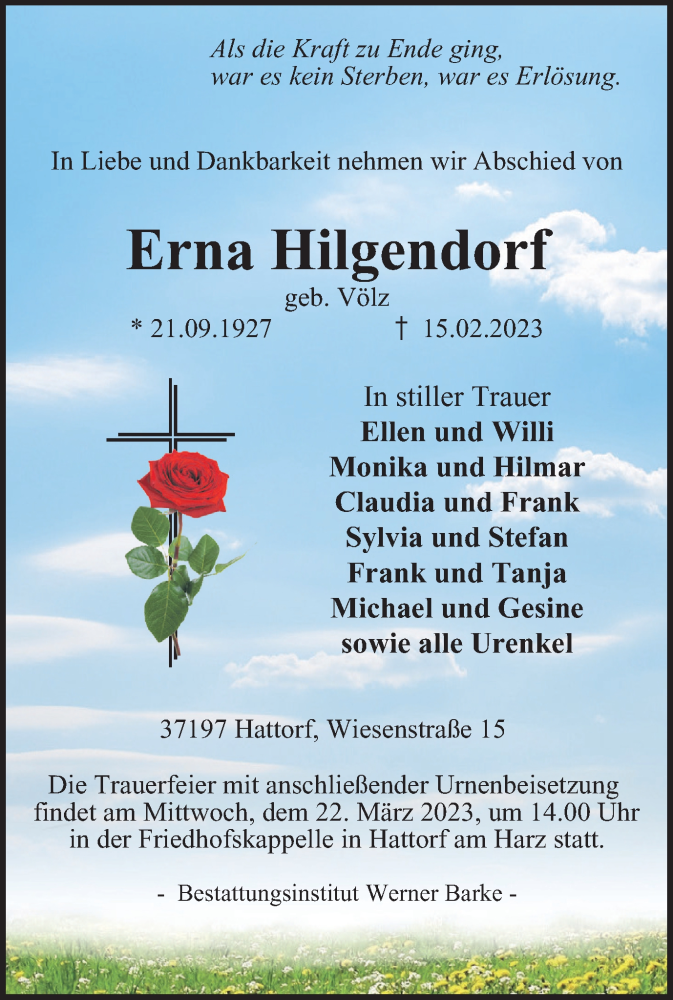  Traueranzeige für Erna Hilgendorf vom 18.03.2023 aus Harz Kurier