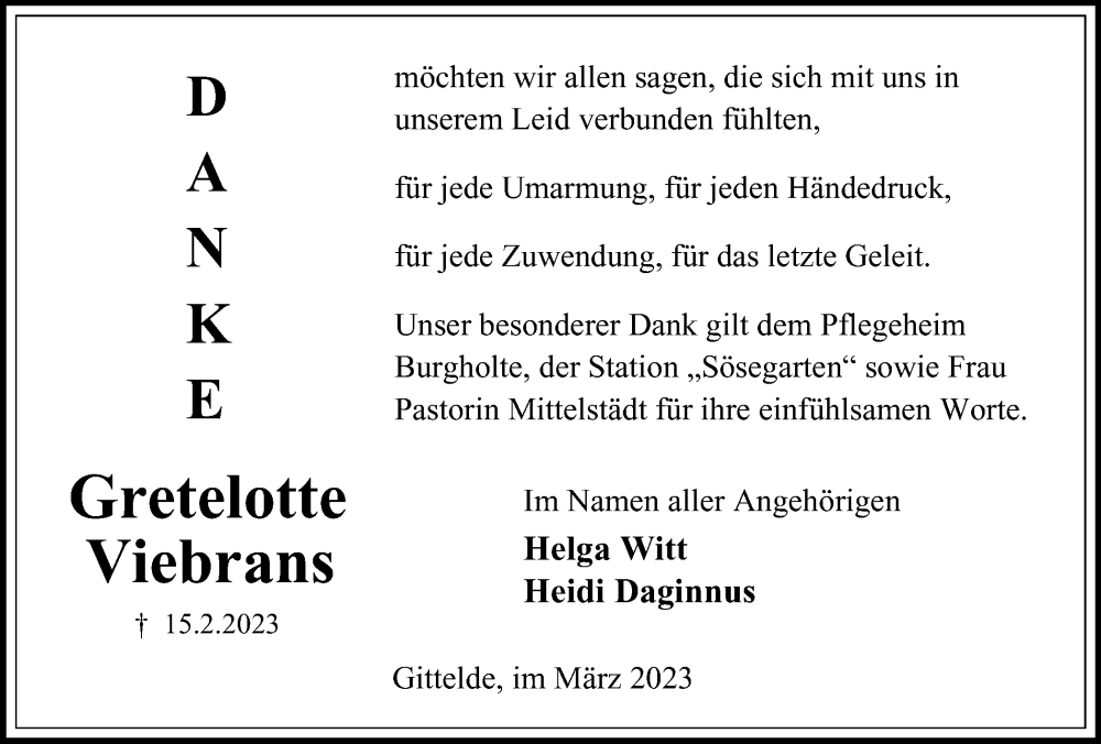  Traueranzeige für Gretelotte Viebrans vom 18.03.2023 aus Harz Kurier