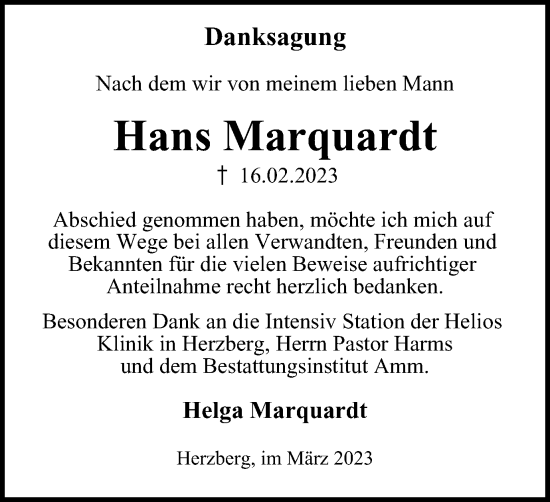 Traueranzeige von Hans Marquardt von Harz Kurier