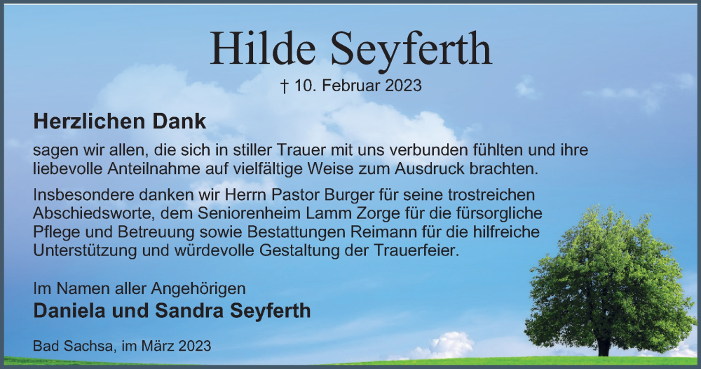  Traueranzeige für Hilde Seyferth vom 18.03.2023 aus Harz Kurier
