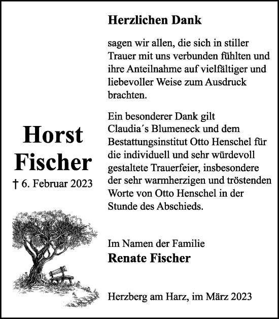 Traueranzeige von Horst Fischer von Harz Kurier