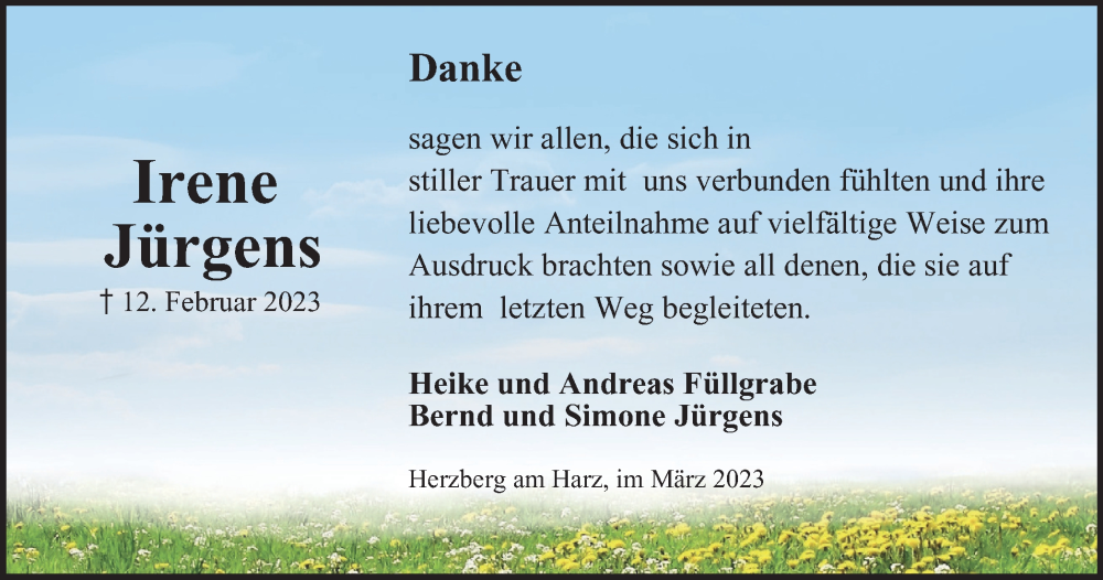  Traueranzeige für Irene Jürgens vom 10.03.2023 aus Harz Kurier