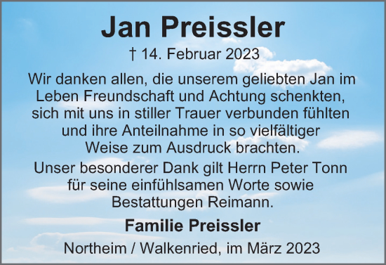 Traueranzeige von Jan Preissler von Harz Kurier