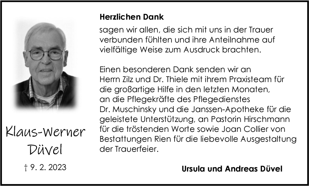  Traueranzeige für Klaus-Werner Düvel vom 04.03.2023 aus Harz Kurier