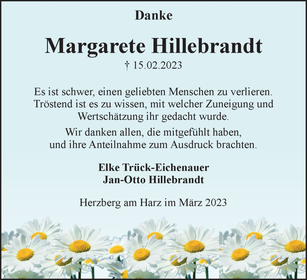  Traueranzeige für Margarete Hillebrandt vom 03.03.2023 aus Harz Kurier