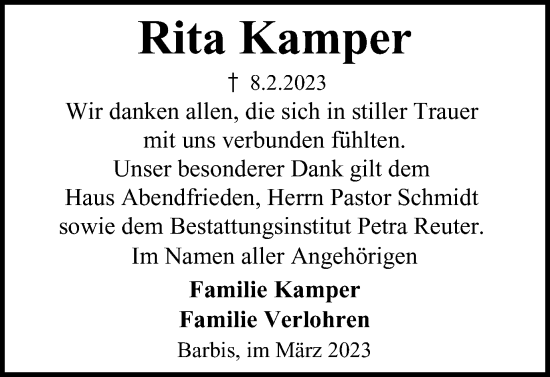 Traueranzeige von Rita Kamper von Harz Kurier