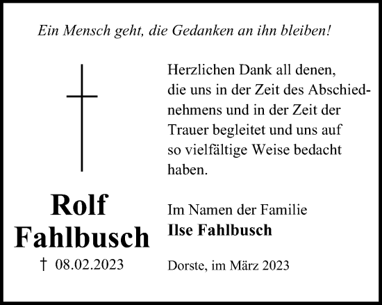 Traueranzeige von Rolf Fahlbusch von Harz Kurier