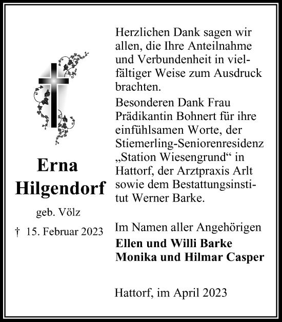Traueranzeige von Erna Hilgendorf von Harz Kurier