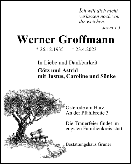 Traueranzeige von Werner Groffmann von Harz Kurier
