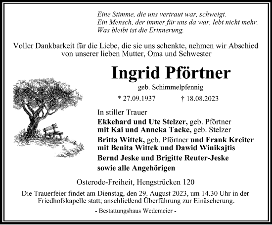 Traueranzeige von Ingrid Pförtner von Harz Kurier