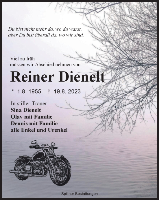 Traueranzeige von Reiner Dienelt von Harz Kurier