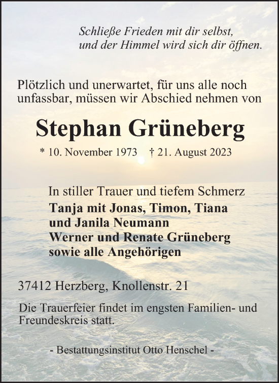 Traueranzeige von Stephan Grüneberg von Harz Kurier