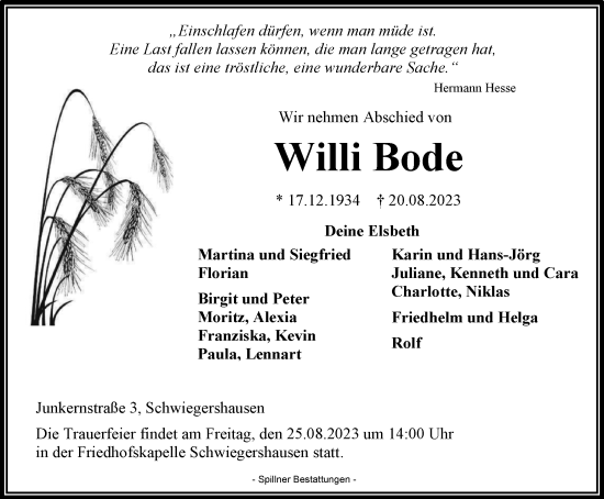Traueranzeige von Willi Bode von Harz Kurier