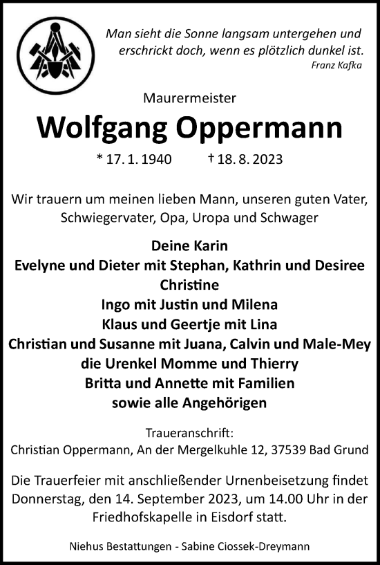 Traueranzeige von Wolfgang Oppermann von Harz Kurier