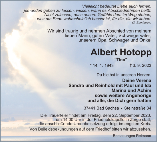 Traueranzeige von Albert Hotopp von Harz Kurier