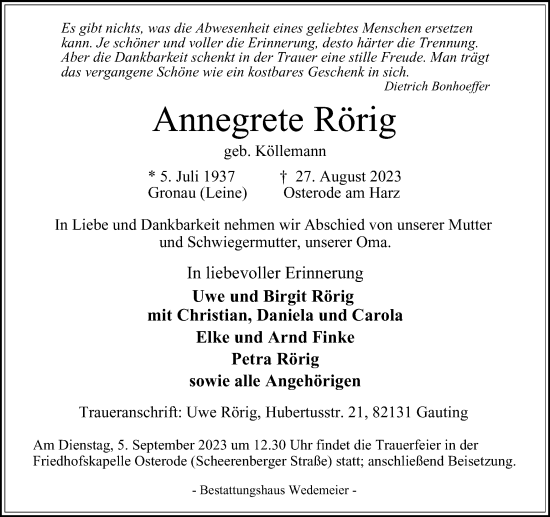 Traueranzeige von Annegrete Rörig von Harz Kurier