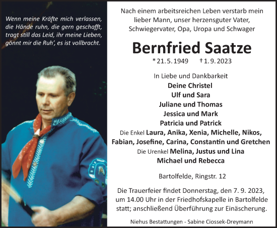 Traueranzeige von Bernfried Saatze von Harz Kurier