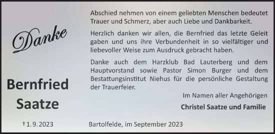 Traueranzeige von Bernfried Saatze von Harz Kurier
