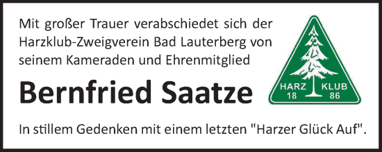Traueranzeige von Bernfried Saatze von Harz Kurier
