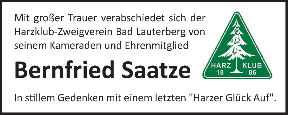  Traueranzeige für Bernfried Saatze vom 07.09.2023 aus Harz Kurier