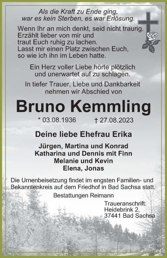 Traueranzeige von Bruno Kemmling von Harz Kurier