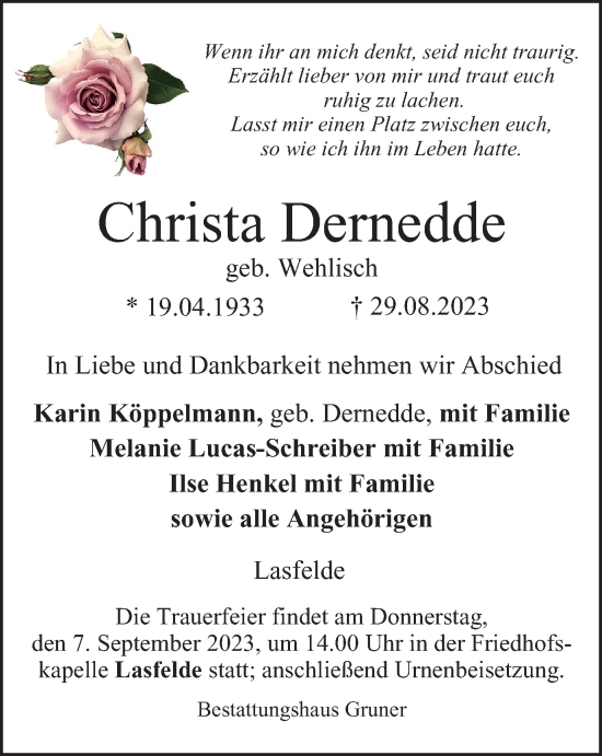 Traueranzeige von Christa Dernedde von Harz Kurier