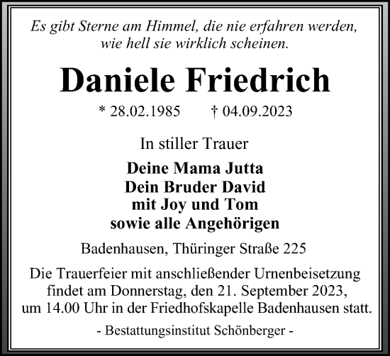 Traueranzeige von Daniele Friedrich von Harz Kurier