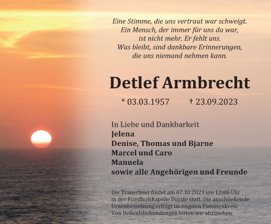Traueranzeige von Detlef Armbrecht von Harz Kurier