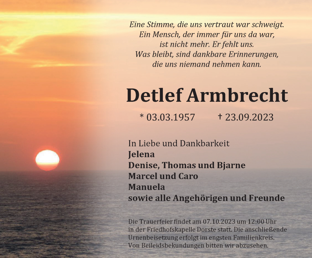  Traueranzeige für Detlef Armbrecht vom 30.09.2023 aus Harz Kurier