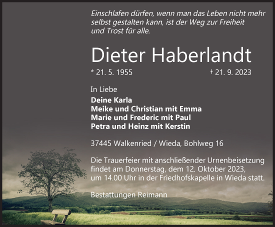 Traueranzeige von Dieter Haberlandt von Harz Kurier