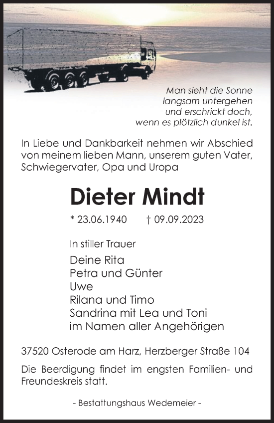 Traueranzeige von Dieter Mindt von Harz Kurier