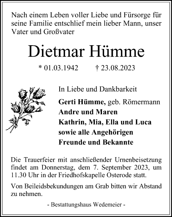 Traueranzeige von Dietmar Hümme von Harz Kurier