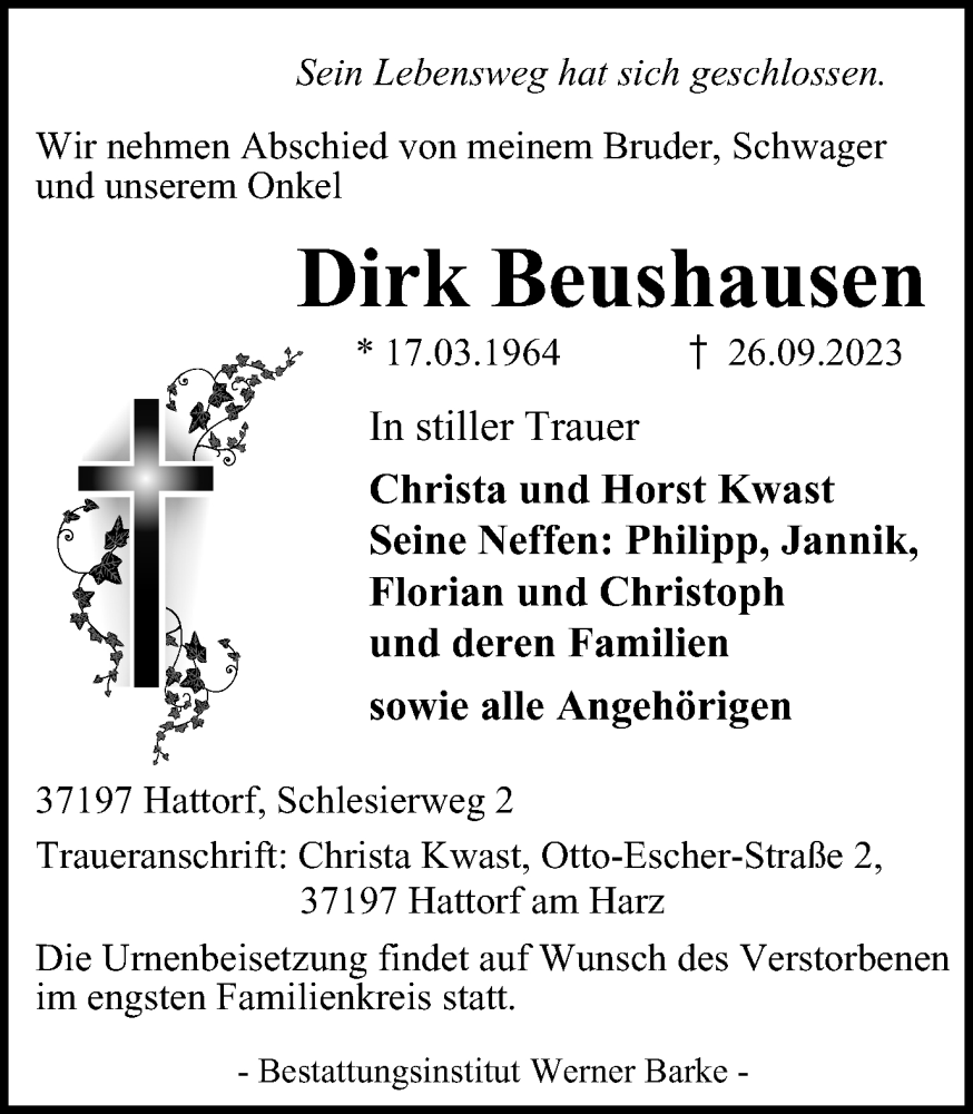 Traueranzeige für Dirk Beushausen vom 30.09.2023 aus Harz Kurier
