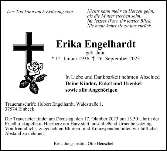 Traueranzeige von Erika Engelhardt von Harz Kurier