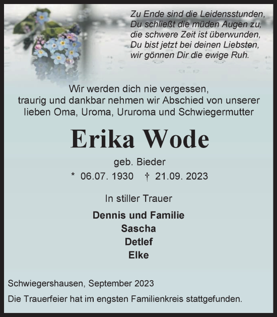 Traueranzeige von Erika Wode von Harz Kurier