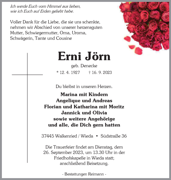 Traueranzeige von Erni Jörn von Harz Kurier